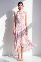 Load image into Gallery viewer, Pink Flower A Line Keyhole High Neck Maxi Beach Wedding Guest Dress
