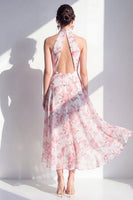 Load image into Gallery viewer, Pink Flower A Line Keyhole High Neck Maxi Beach Wedding Guest Dress