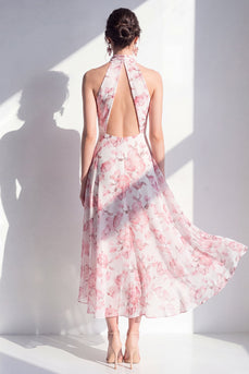 Pink Flower A Line Keyhole High Neck Maxi Beach Wedding Guest Dress