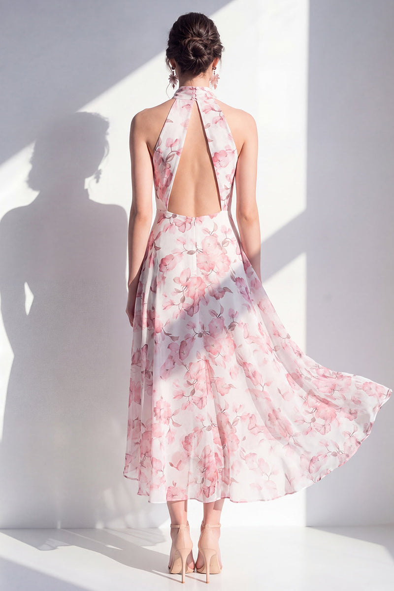 Load image into Gallery viewer, Pink Flower A Line Keyhole High Neck Maxi Beach Wedding Guest Dress