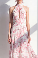 Load image into Gallery viewer, Pink Flower A Line Keyhole High Neck Maxi Beach Wedding Guest Dress
