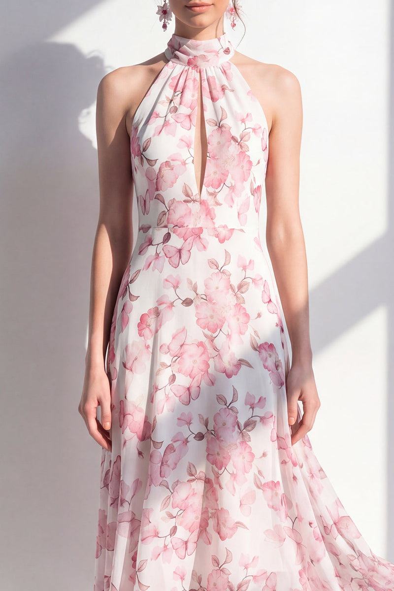 Load image into Gallery viewer, Pink Flower A Line Keyhole High Neck Maxi Beach Wedding Guest Dress