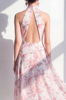 Load image into Gallery viewer, Pink Flower A Line Keyhole High Neck Maxi Beach Wedding Guest Dress