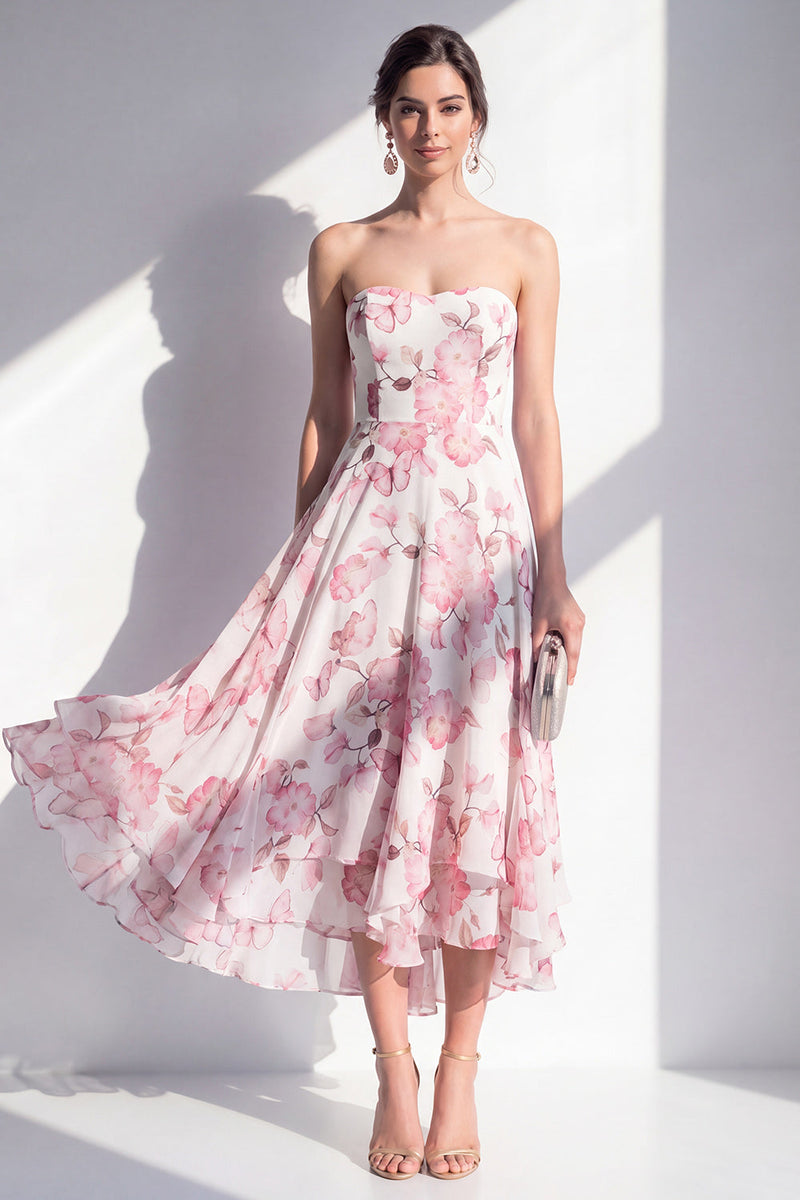 Load image into Gallery viewer, Pink Flower Strapless A Line Maxi Beach Wedding Guest Dress