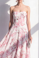 Load image into Gallery viewer, Pink Flower Strapless A Line Maxi Beach Wedding Guest Dress