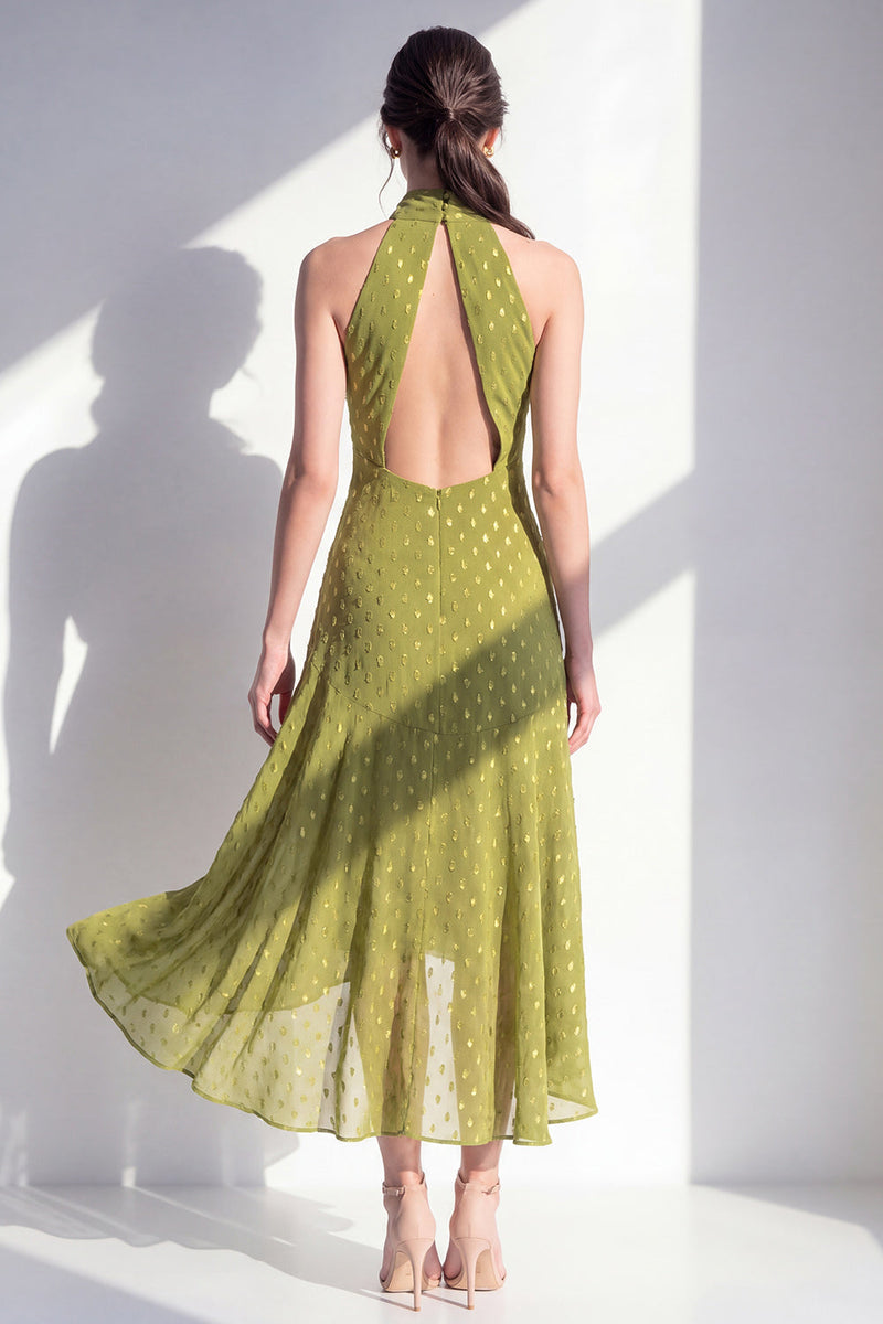Load image into Gallery viewer, Olive High Neck A Line Maxi Keyhole Beach Wedding Guest Dress