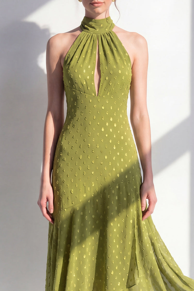 Load image into Gallery viewer, Olive High Neck A Line Maxi Keyhole Beach Wedding Guest Dress