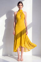 Load image into Gallery viewer, Olive High Neck A Line Maxi Keyhole Beach Wedding Guest Dress