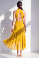 Load image into Gallery viewer, Olive High Neck A Line Maxi Keyhole Beach Wedding Guest Dress