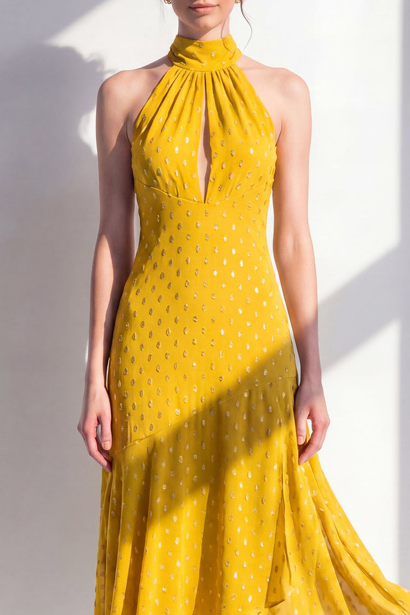 Load image into Gallery viewer, Olive High Neck A Line Maxi Keyhole Beach Wedding Guest Dress