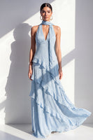 Load image into Gallery viewer, Yellow Halter A Line Beach Maxi Wedding Guest Dress with Ruffles