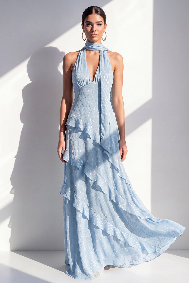 Load image into Gallery viewer, Yellow Halter A Line Beach Maxi Wedding Guest Dress with Ruffles