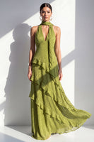 Load image into Gallery viewer, Yellow Halter A Line Beach Maxi Wedding Guest Dress with Ruffles