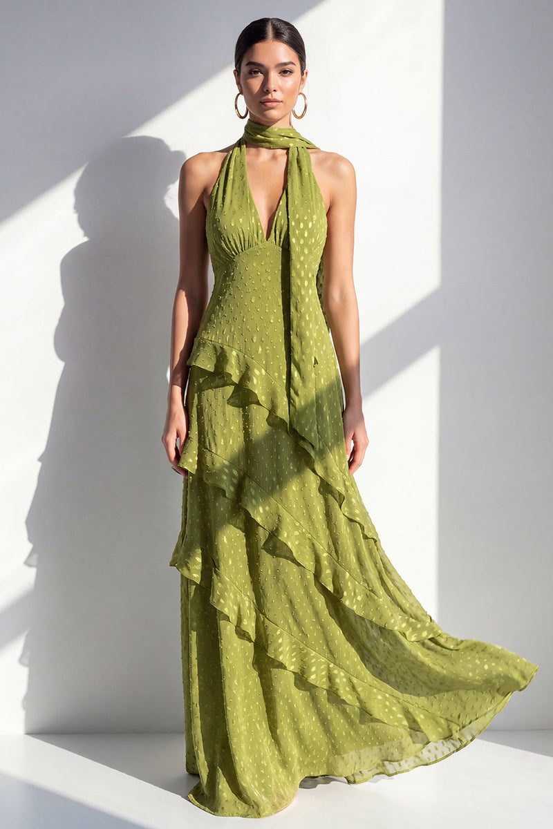 Load image into Gallery viewer, Yellow Halter A Line Beach Maxi Wedding Guest Dress with Ruffles
