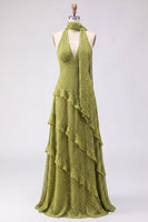 Load image into Gallery viewer, Yellow Halter A Line Beach Maxi Wedding Guest Dress with Ruffles