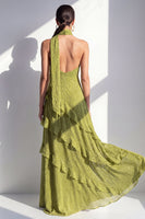 Load image into Gallery viewer, Yellow Halter A Line Beach Maxi Wedding Guest Dress with Ruffles