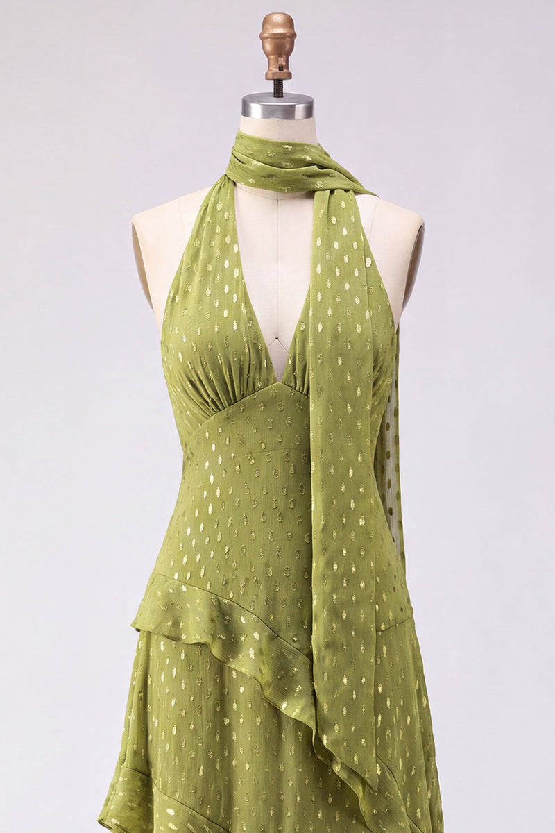 Load image into Gallery viewer, Yellow Halter A Line Beach Maxi Wedding Guest Dress with Ruffles