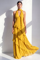 Load image into Gallery viewer, Yellow Halter A Line Beach Maxi Wedding Guest Dress with Ruffles