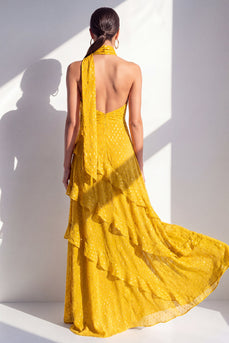 Yellow Halter A Line Beach Maxi Wedding Guest Dress with Ruffles