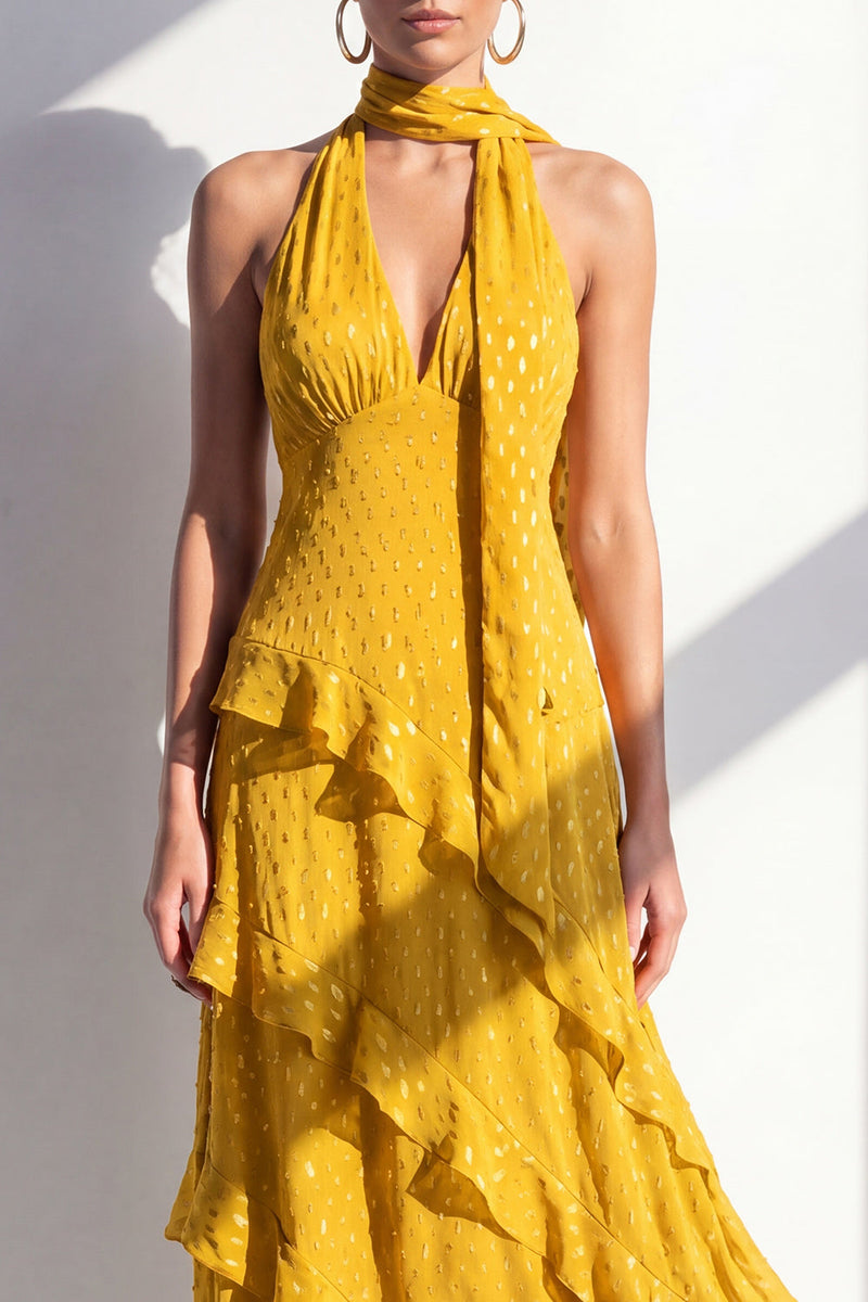 Load image into Gallery viewer, Yellow Halter A Line Beach Maxi Wedding Guest Dress with Ruffles