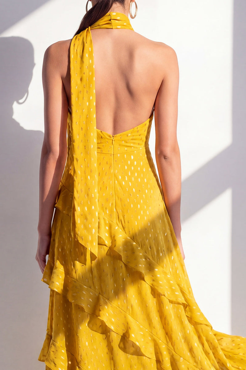 Load image into Gallery viewer, Yellow Halter A Line Beach Maxi Wedding Guest Dress with Ruffles