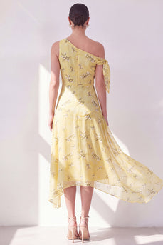 Floral One Shoulder Butter Yellow A Line Maxi Beach Wedding Guest Dress