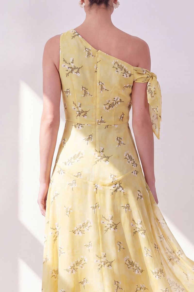 Load image into Gallery viewer, Floral One Shoulder Butter Yellow A Line Maxi Beach Wedding Guest Dress