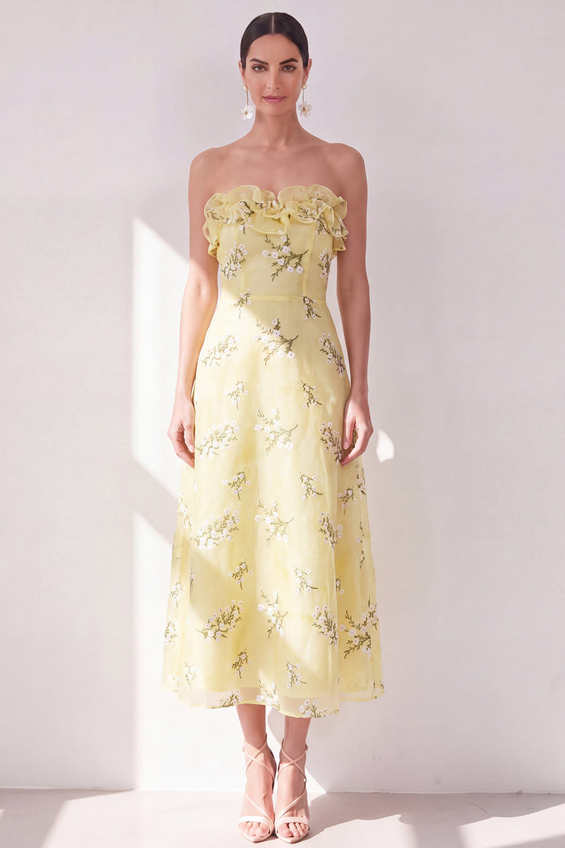 Load image into Gallery viewer, Strapless Butter Yellow Floral A Line Maxi Beach Wedding Guest Dress with Ruffles