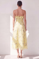 Load image into Gallery viewer, Strapless Butter Yellow Floral A Line Maxi Beach Wedding Guest Dress with Ruffles