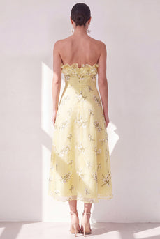 Strapless Butter Yellow Floral A Line Maxi Beach Wedding Guest Dress with Ruffles