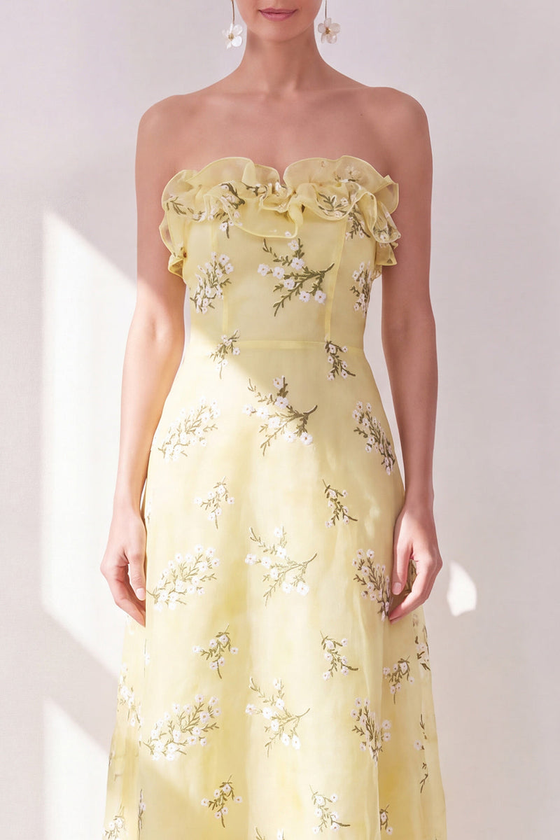 Load image into Gallery viewer, Strapless Butter Yellow Floral A Line Maxi Beach Wedding Guest Dress with Ruffles