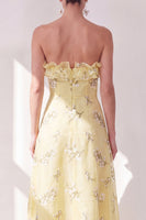 Load image into Gallery viewer, Strapless Butter Yellow Floral A Line Maxi Beach Wedding Guest Dress with Ruffles