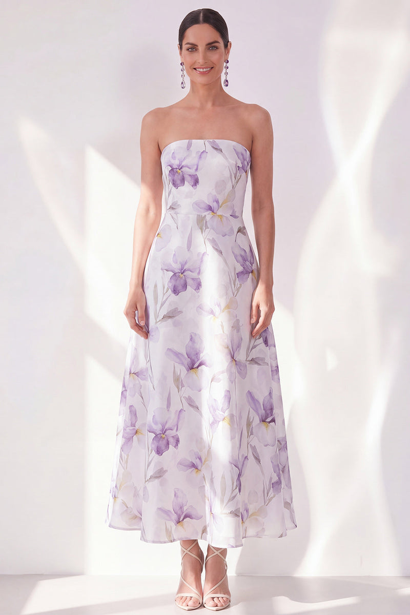 Load image into Gallery viewer, Strapless Lilac Flower A Line Maxi Beach Wedding Guest Dress