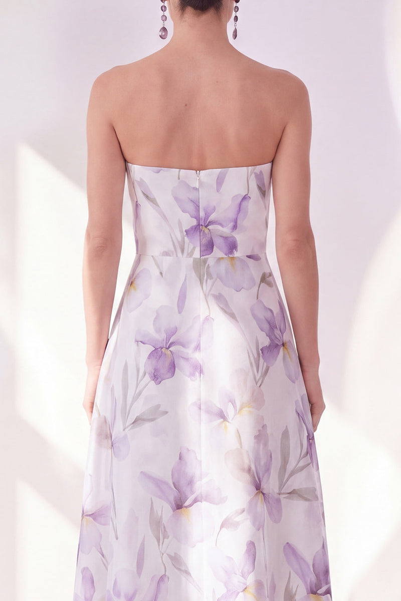 Load image into Gallery viewer, Strapless Lilac Flower A Line Maxi Beach Wedding Guest Dress