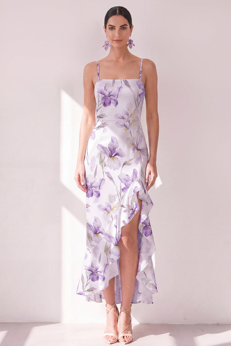 Load image into Gallery viewer, Mermaid Lilac Flower Ruffled Maxi Beach Wedding Guest Dress with Slit