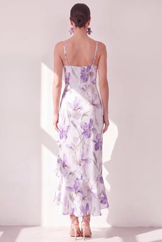 Mermaid Lilac Flower Ruffled Maxi Beach Wedding Guest Dress with Slit