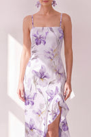 Load image into Gallery viewer, Mermaid Lilac Flower Ruffled Maxi Beach Wedding Guest Dress with Slit