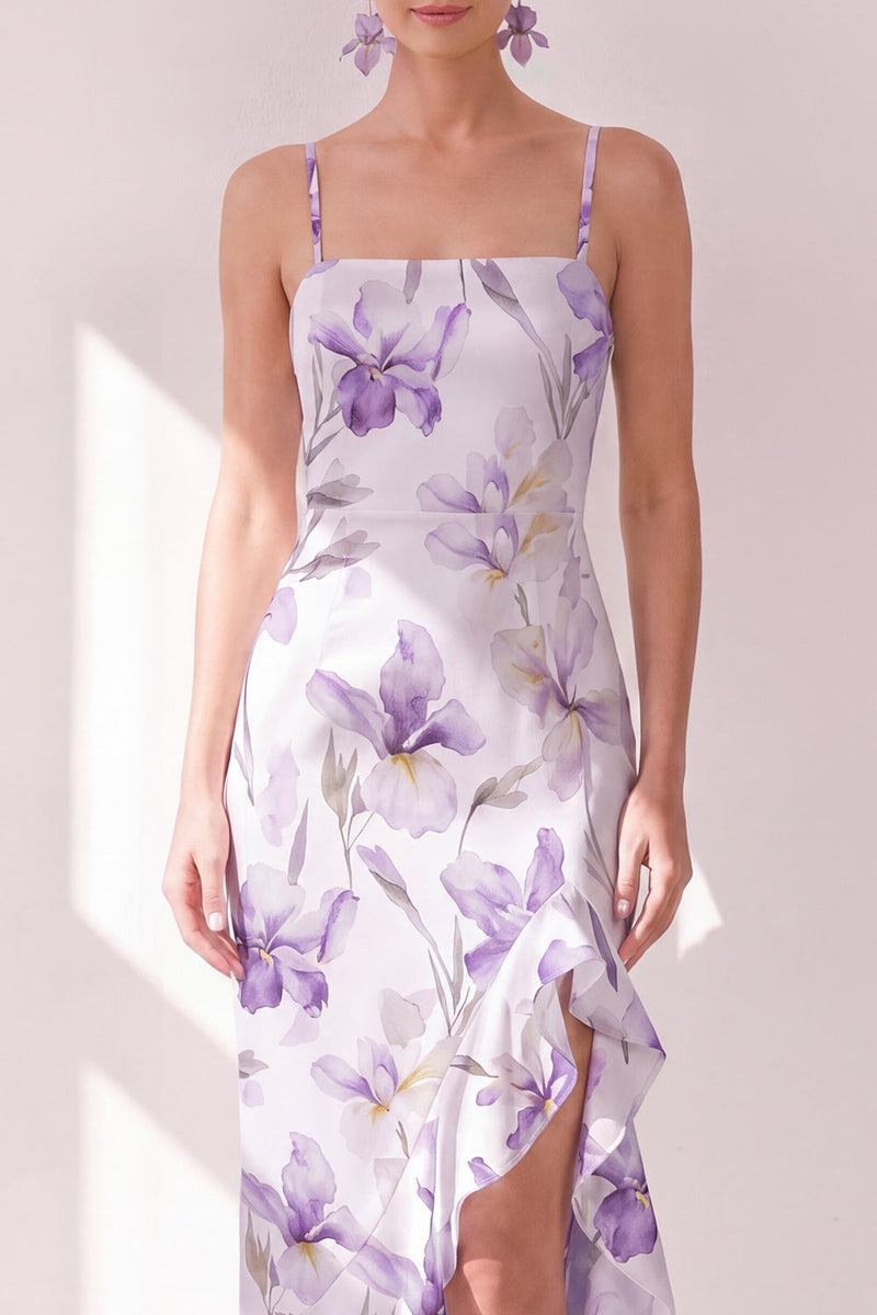 Load image into Gallery viewer, Mermaid Lilac Flower Ruffled Maxi Beach Wedding Guest Dress with Slit