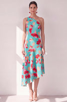Load image into Gallery viewer, Pink Red Flower Asymmetrical One Shoulder Beach Wedding Guest Dress