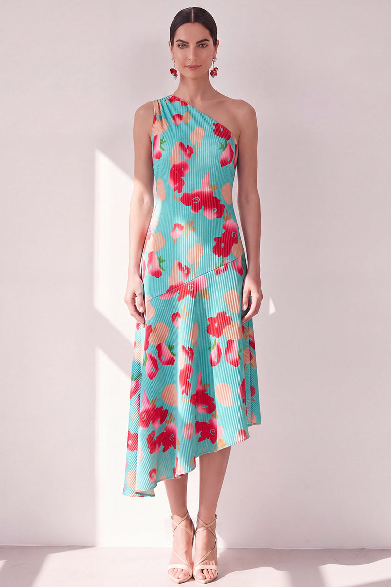 Load image into Gallery viewer, Pink Red Flower Asymmetrical One Shoulder Beach Wedding Guest Dress