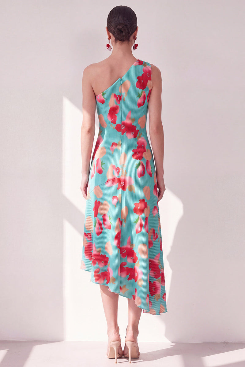 Load image into Gallery viewer, Pink Red Flower Asymmetrical One Shoulder Beach Wedding Guest Dress