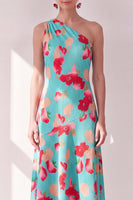 Load image into Gallery viewer, Pink Red Flower Asymmetrical One Shoulder Beach Wedding Guest Dress