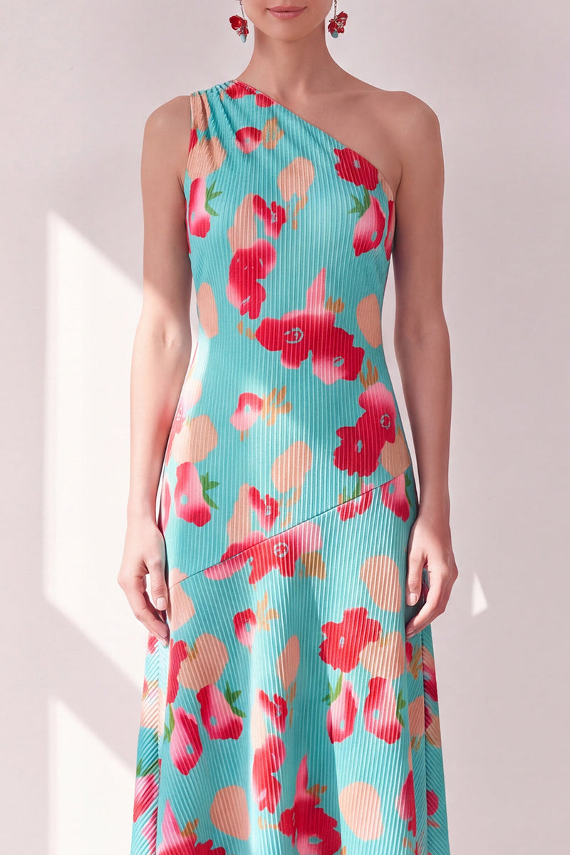 Load image into Gallery viewer, Pink Red Flower Asymmetrical One Shoulder Beach Wedding Guest Dress