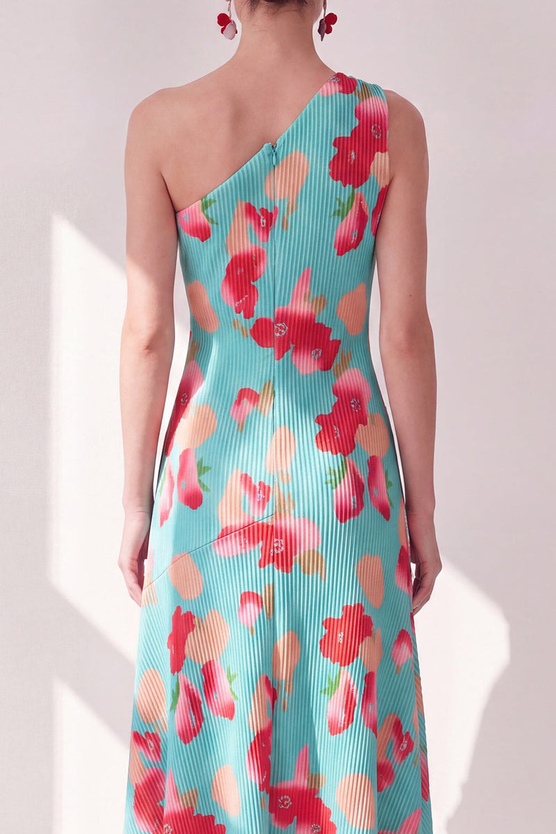 Load image into Gallery viewer, Pink Red Flower Asymmetrical One Shoulder Beach Wedding Guest Dress