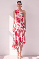 Load image into Gallery viewer, Pink Red Flower Asymmetrical One Shoulder Beach Wedding Guest Dress