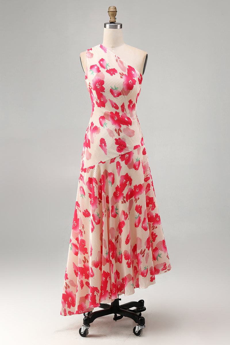 Load image into Gallery viewer, Pink Red Flower Asymmetrical One Shoulder Beach Wedding Guest Dress
