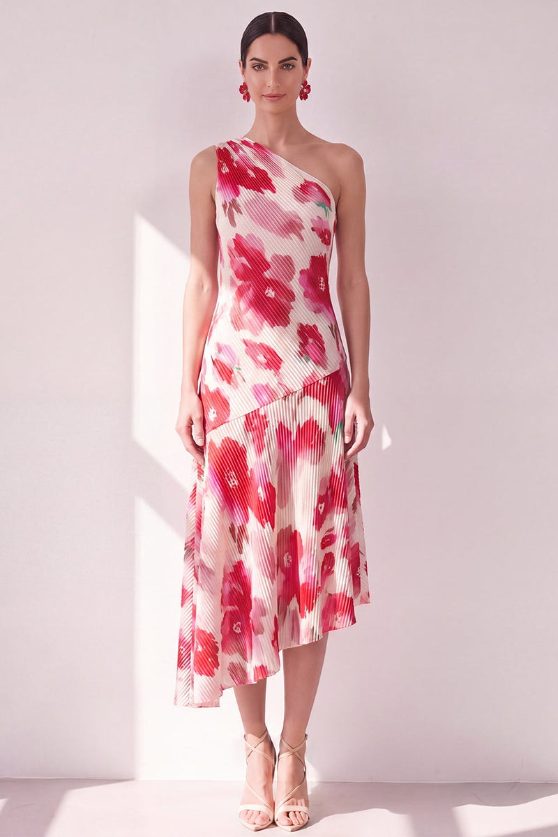 Load image into Gallery viewer, Pink Red Flower Asymmetrical One Shoulder Beach Wedding Guest Dress