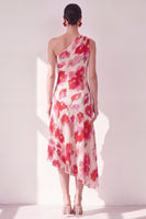 Load image into Gallery viewer, Pink Red Flower Asymmetrical One Shoulder Beach Wedding Guest Dress