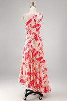 Load image into Gallery viewer, Pink Red Flower Asymmetrical One Shoulder Beach Wedding Guest Dress