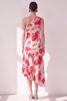 Pink Red Flower Asymmetrical One Shoulder Beach Wedding Guest Dress